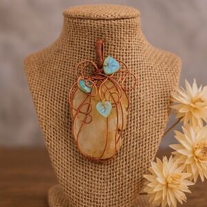 Quartz Crystal Copper Wire Wrapped Pumpkin Pendant‎ Necklace Leaf Accent #4